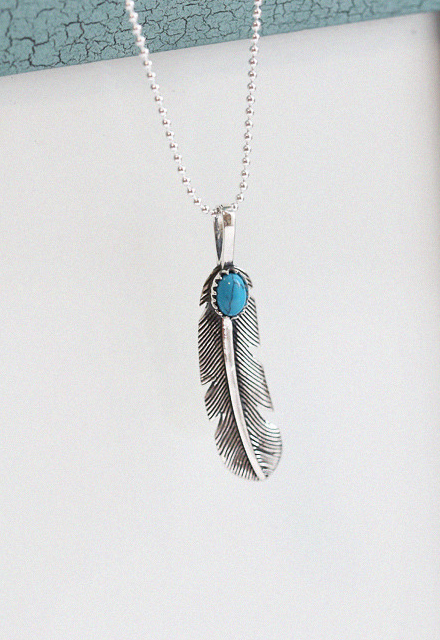 Turquoise feather pendant silver 925 gemstone silver necklace