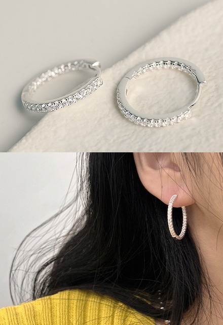 High-quality front inner tennis cubic silver 925 one-touch ring earring