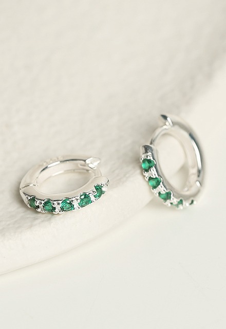 Green Emerald Half 14mm One Touch Silver 925 Silver Ring Earrings